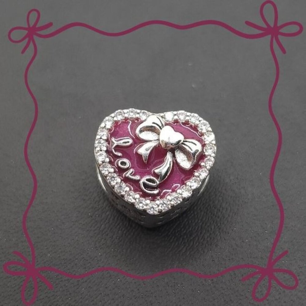 Heart-Shaped Silver & Pink Charm With Bow & Love Engraving‎ (NWOT)